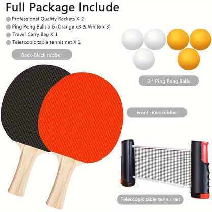 Portable Ping Pong Paddle Set with Retractable Net & Carry Bag